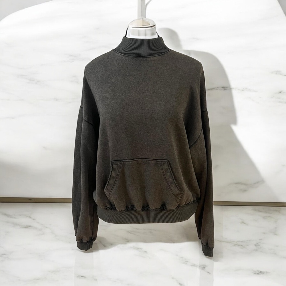 dark gray pullover sweatshirt with a high collar, front pocket, and relaxed fit.